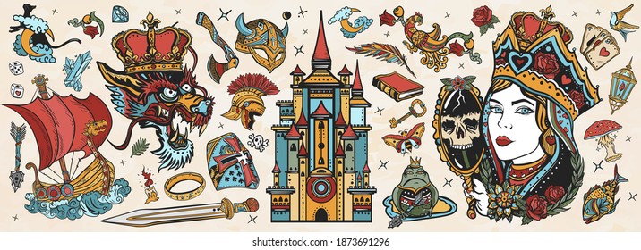 Fairy tales old school tattoo vector collection. Medieval castle, queen in the golden, crown, dragon, knight, viking boat, sword and princess frog. Middle Ages magic legends. Fantasy tattooing style 