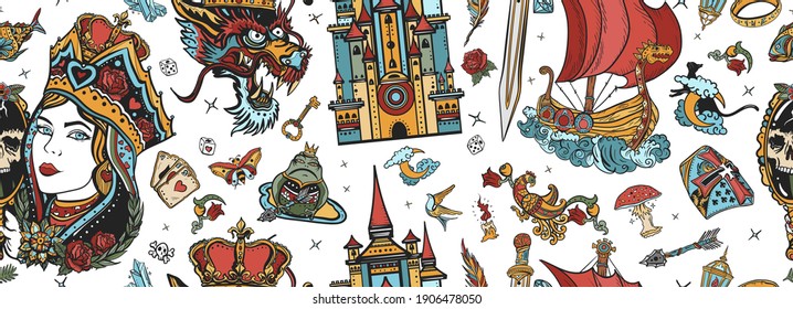 Fairy tales old school tattoo seamless pattern. Middle Ages magic legends art. Fantasy tattooing style background. Dragon, knight, sword and princess frog, medieval castle, queen in golden crown 