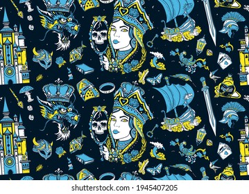 Fairy tales old school tattoo seamless pattern. Middle Ages magic legends art. Fantasy tattooing style background. Medieval castle, queen in the golden, crown, dragon, knight, sword and princess frog