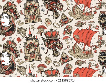 Fairy tales old school tattoo seamless pattern. Medieval castle, queen in the golden, crown, dragon, knight, sword and princess frog. Middle Ages magic legends art. Fantasy tattooing style background 