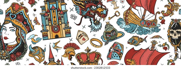 Fairy tales old school tattoo seamless pattern. Medieval castle, queen in the golden, crown, dragon, knight, sword and princess frog. Middle Ages magic legends art. Fantasy tattooing style background