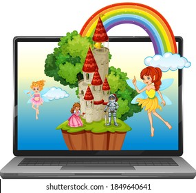 Ilustração dos contos de fadas no plano de fundo do desktop do laptop
