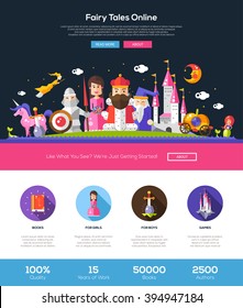 Fairy tales online one page website template layout with thin line design header, banner, icons and other elements