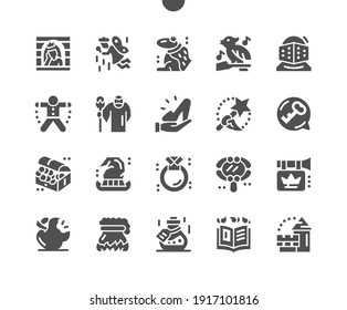 Fairy tales. Princess, cute, fantasy and magic. Witch hat. Spell book, ring, magic mirror and kingdom. Vector Solid Icons. Simple Pictogram