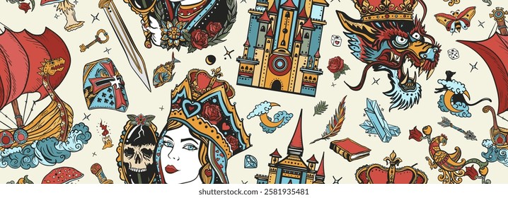 Fairy tales seamless pattern. Queen in the golden crown, dragon, knight, old castle. Middle Ages magic legends art. Fantasy tattooing style background