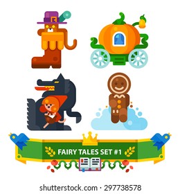 Fairy Tales set. Puss in Boots, Cinderella, Little Red Riding Hood, Gingerbread Man. Vector flat illustration.