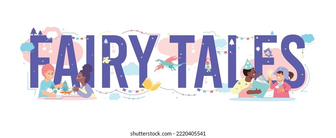 Fairy tales text design concept with big letters and small adult characters reading book to their kids flat vector illustration