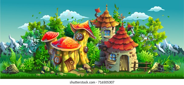 Fairy tales village with small houses. Panorama. Vector cartoon illustration.