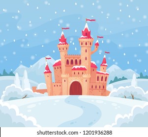 Fairy tales winter castle. Magical snowy landscape with medieval snow castle house, lapland christmas santa elf or ice princess home. Magic palace cartoon vector background illustration