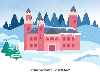 Fairy tales winter castle. Magical snowy landscape with medieval snow castle house