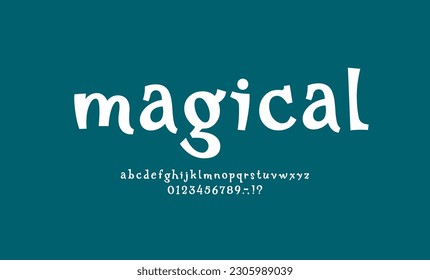 Fairy taly alphabet, fantasy bold font made wonderland style, magical lowercase Latin letters and Arab numerals, vector illustration 10EPS