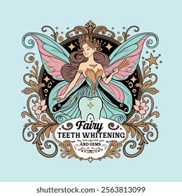 fairy teeth whitening cream business logo. pink blue and golden combo logo for print. health and medicine dental health symbol.toothbrush hygiene medicine art