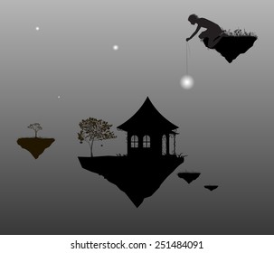 Fairy time, young fairy man put the stars above the house  and tree on flying rock, black and white, shadows