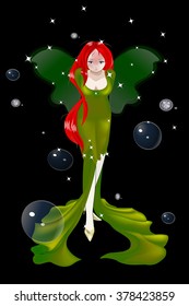 fairy with transparent wing, bubble and star, on green background