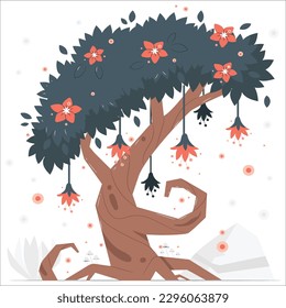 Fairy tree in fog. Old magical tree with big branches and orange leaves. Mystical autumn forest in fog. Magical forest. Fairy-tale house in a tree with a roof intertwined. Fairy elf gnome magic.