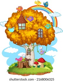 Fairy Tree House With Many Birds Illustration