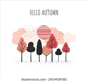 Fairy trees. Scandinavian trees composition. Isolated autumnal trees. Cartoon fantasy frame, card.