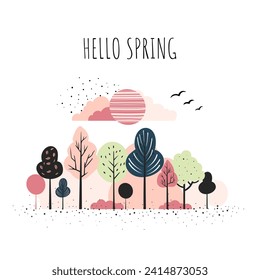 Fairy trees. Spring trees minimalist style. Scandinavian trees composition. Cartoon fantasy frame. Hello spring card.