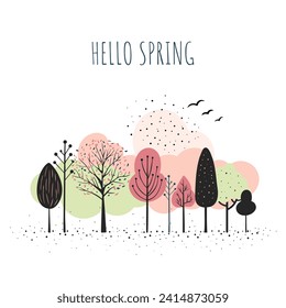 Fairy trees. Spring trees minimalist style. Scandinavian trees composition. Cartoon fantasy frame. Hello spring card.