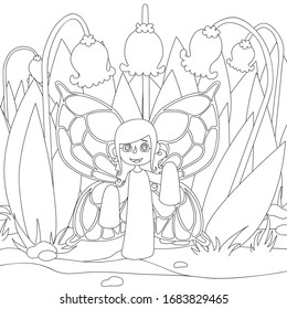 Fairy under bell flowers. Flower Background for tiny fairy. Black and white for coloring