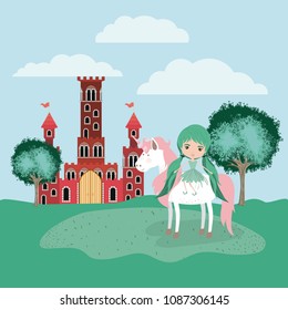 fairy with unicorn in the camp and castle