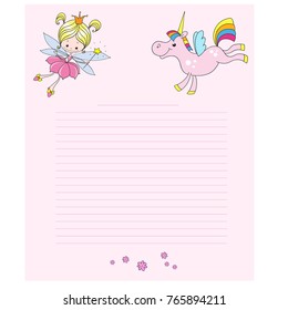 Fairy and unicorn cartoon characters. Cute characters on a pink background. Greeting card with place for congratulations. Vector.