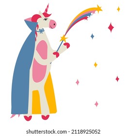 Fairy unicorn in a cloak magician with a magic wand conjures. Vector Illustration