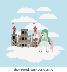 fairy with unicorn in the clouds and castle