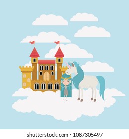 fairy with unicorn in the clouds and castle