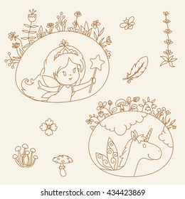 Fairy and unicorn in floral frames. Hand drawn vector illustration. Linear uncolored picture for coloring. 