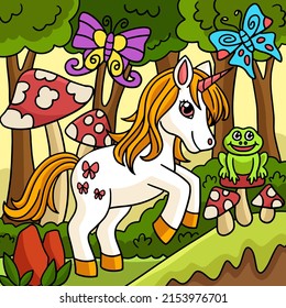 Fairy Unicorn In Forest Colored Illustration