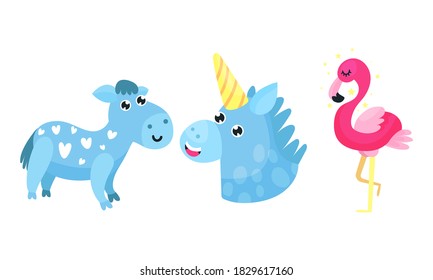 Fairy Unicorn with Horn and Pink Flamingo Bird Vector Set