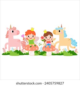 Fairy and Unicorn illustration with rainbow, stars, hearts, clouds, in cartoon style clipart