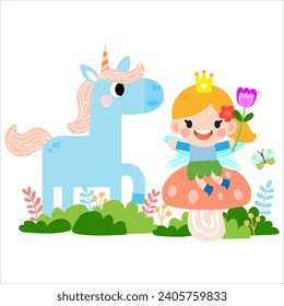 Fairy and Unicorn illustration with rainbow, stars, hearts, clouds, in cartoon style clipart