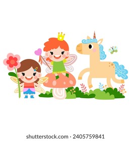 Fairy and Unicorn illustration with rainbow, stars, hearts, clouds, in cartoon style clipart