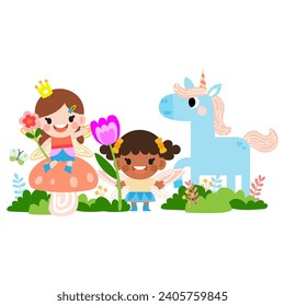 Fairy and Unicorn illustration with rainbow, stars, hearts, clouds, in cartoon style clipart
