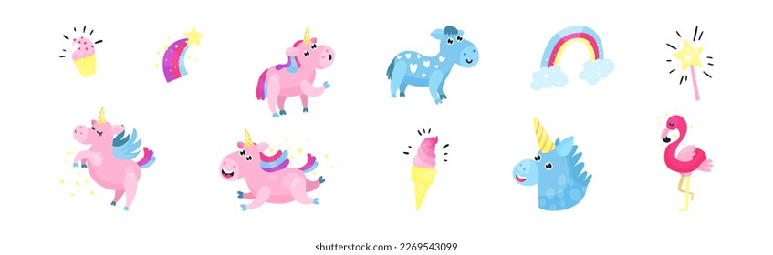 Fairy Unicorn with Rainbow Tail and Twisted Horn Vector Set