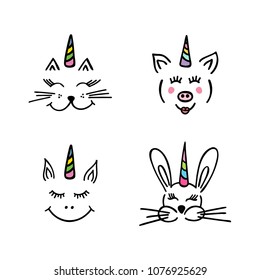 Fairy unicorns set. Vector illustration. Made by trace from sketch.