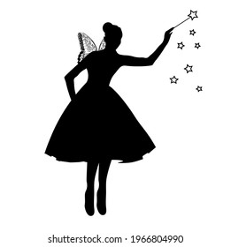 Fairy vector stock illustration. Beautiful fairy silhouette. A sorceress with wings and a magic wand. Isolated on a white background. 