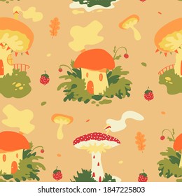 Fairy village vector seamless pattern with cute mushroom houses, strawberry and oak leaves in warm autumnal colors on peachy background. Fairytale mushrooms and berries, magical autumn, cottagecore