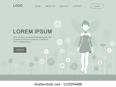 Fairy is walking through the flower garden. illustrative landing page