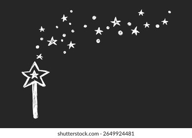 Fairy wand with magic dust and stars. Crayon hand drawn vector illustration. Fairytale girly element.
