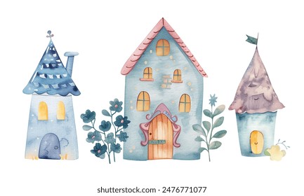 Fairy watercolor houses. Set of scandinavian childish houses. Cute watercolor illustration