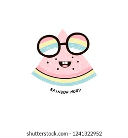 fairy watermelon fruit with cute kawaii face wearing unicorn sunglasses, funny veggie character, rainbow mood phrase, vector hand drawn illustration for kids poster and summer t-shirt design