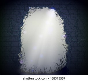  fairy way in old brick wall with lights and sparkles and plant, vector