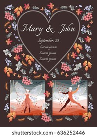 Fairy wedding invitation. Beautiful winged elven man and woman dance under the rain out of flowers and leaves. Cute card with place for text in heart shaped frame. 