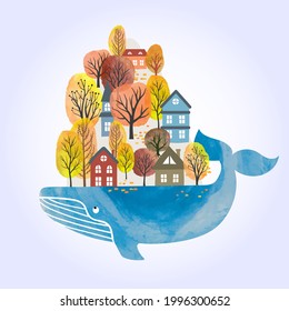 Fairy Whale with houses and trees on its back. Vector watercolor illustration.