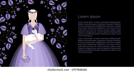 Hada con un conejo blanco en sus manos, una fabulosa ilustración en colores negro y morado.  Plantilla vectorial con espacio de copia para invitación, tarjetas o banner y afiche, Página de inicio 