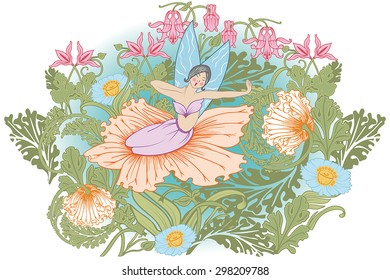 Fairy who wakes up among the flowers. Sitting inside a flower, yawns, stretches her arms.