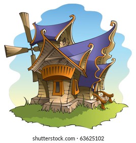 Fairy windmill with amazing architecture, vector illustration